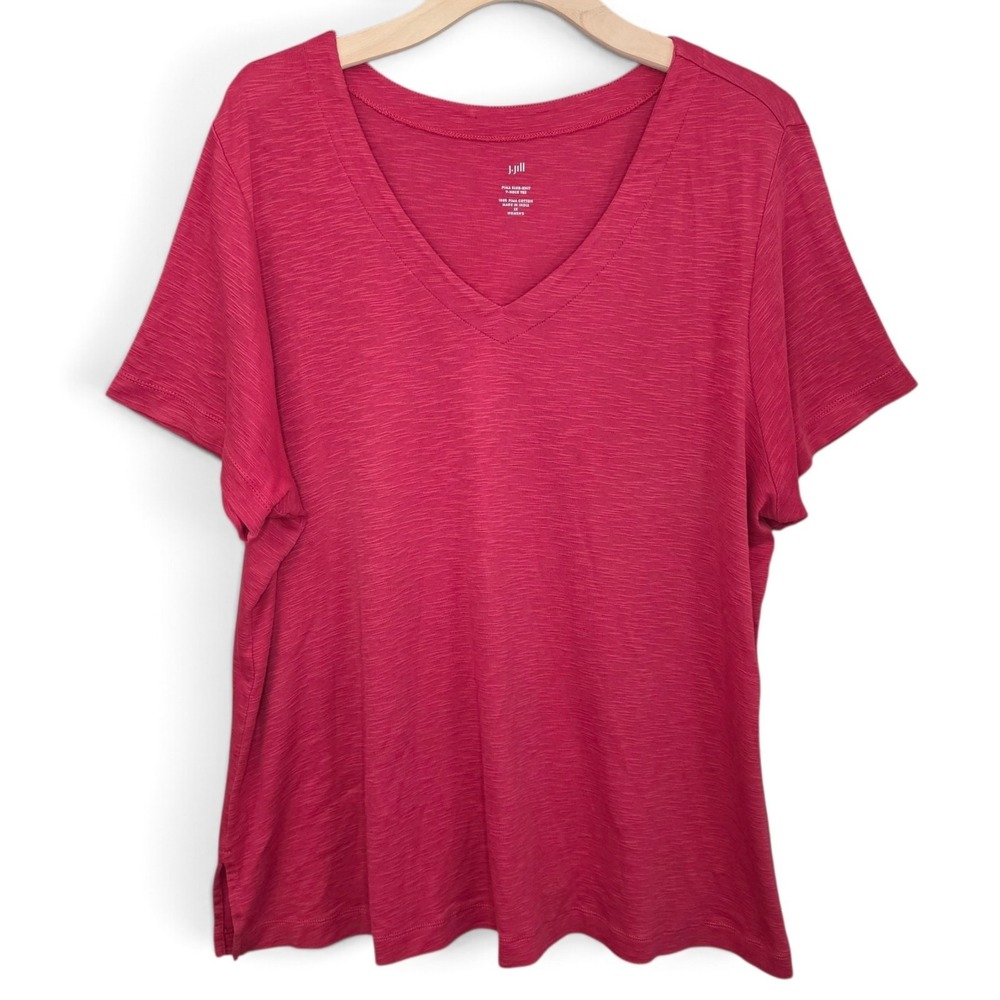 J.Jill Top Womens Plus 2X Pima Slub Knit V Neck Dark Pink Short Sleeve Basic Tee